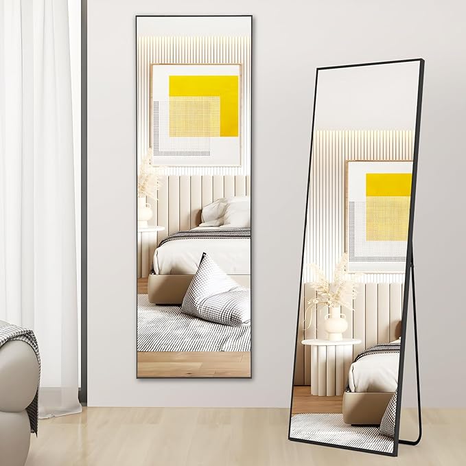 Sweetcrispy Full Length Mirror with stand, 59"x16" Floor Mirror with Aluminum Alloy Frame for Bedroom, Standing Full Body Mirror with Shatter-proorf Nano Glass for wall, Living Room, Cloakroom (Black)