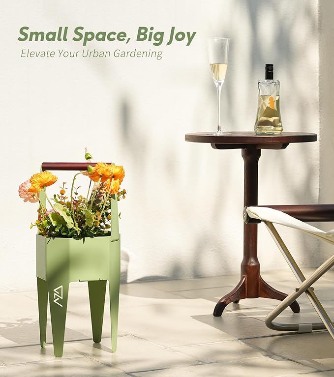 Planter with Stand, Metal 2 in 1 Portable Planter with Grow Bags & Handle, Stable Stylish Indoor Plant Pots with Stand, Modern Flower Pots Outdoor, 7.5'' x 17.3'', Green, Plant Not Included