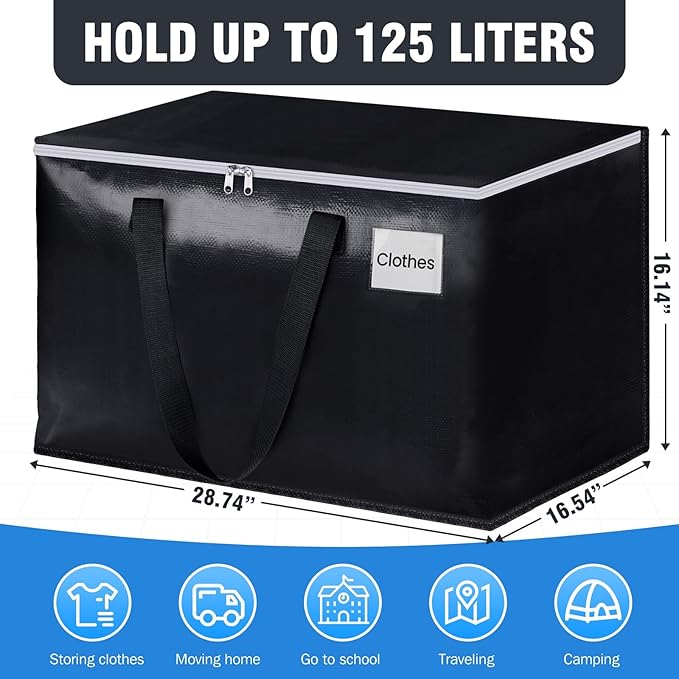 BlissTotes Moving Bags, Heavy Duty Moving Boxes with Zippers Top and Sturdy Handles, Storage Bags for Space Saving and Packing, Collapsible Moving Supplies, Storage Totes (125L, 10-Pack, Black)