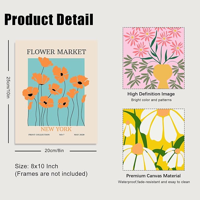 Flower Market Poster Set of 6, Vintage Flower Market Wall Art Prints, Abstract Colorful Floral Wall Art Decor, Minimalist City & Flower Canvas Painting Pictures for Aesthetic Room, Bedroom, Living Room, Gallery, Boho Room Decor(8x10inch, Unframed)