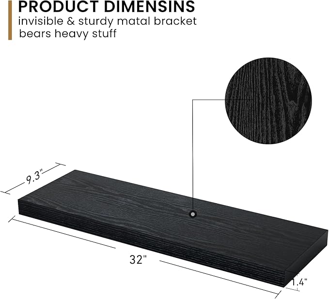 36Inch Floating Shelves, 9.3Inch Deep Rustic Wall Shelves - Extra Deeper & Thicker Wall Mounted Storage Shelf for Kitchen, Farmhouse - Set of 2 - Rustic Black