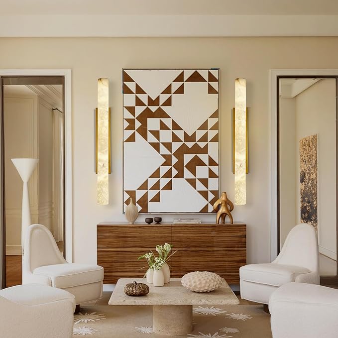 Brass Alabaster Wall Sconces, 36" Large Marble Wall Sconce, Hardwired Gold Wall Sconces Interior, Stone Wall Sconce Dimmable, Alabaster Wall Lamp for Living Room, Bathroom, Bedroom, Hallway-Upgraded