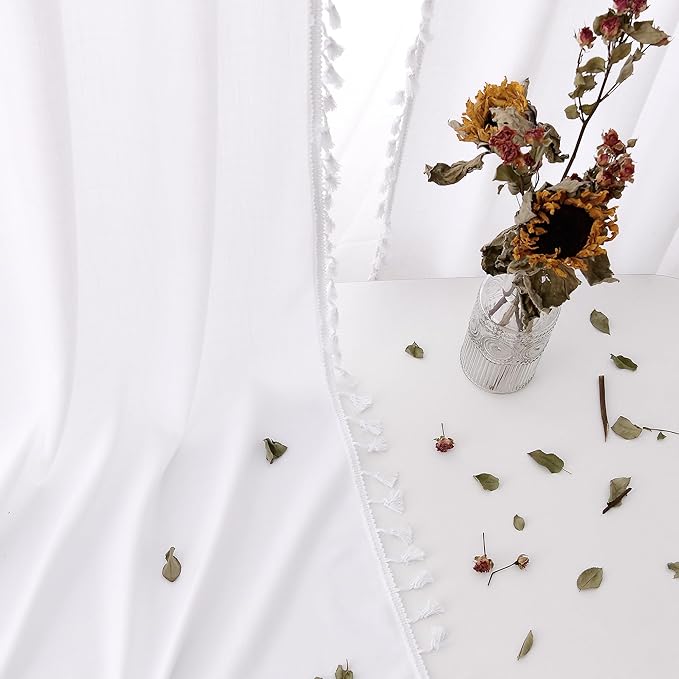 White Linen Boho Curtains 2 Panels 84 Inches Long Semi Sheer Privacy Curtains Tassel Back Tab Top Light Filtering Neutral Farmhouse Curtain for Living Room Bedroom 52x84