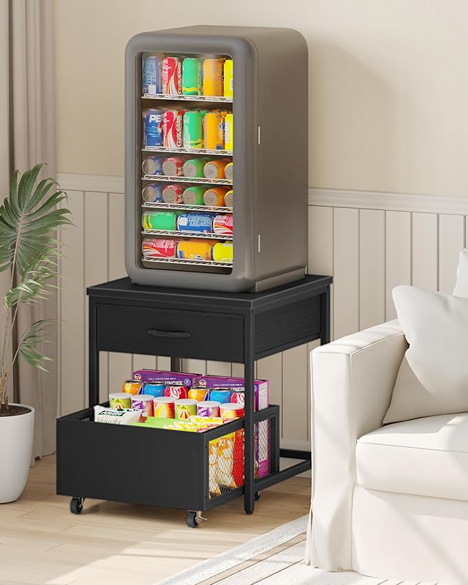 End Table, 19.7 Inch Square Side Table, Mini Fridge Stand with Storage, Nightstand with Mobile Basket Cart, for Living Room, Bedroom, Black TBZ55BB