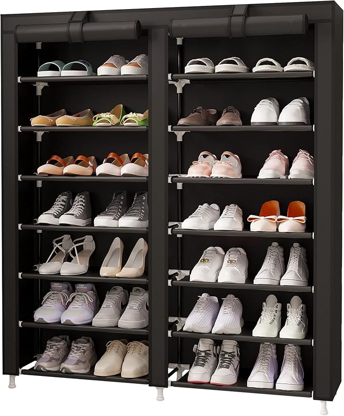 MOYIPIN Shoe Rack Storage Organizer, Double Row Portable Nonwoven Fabric Cover Shoe Rack Holds up to 28 Pairs 36.2 x 11.2 x49.2 Inches Black