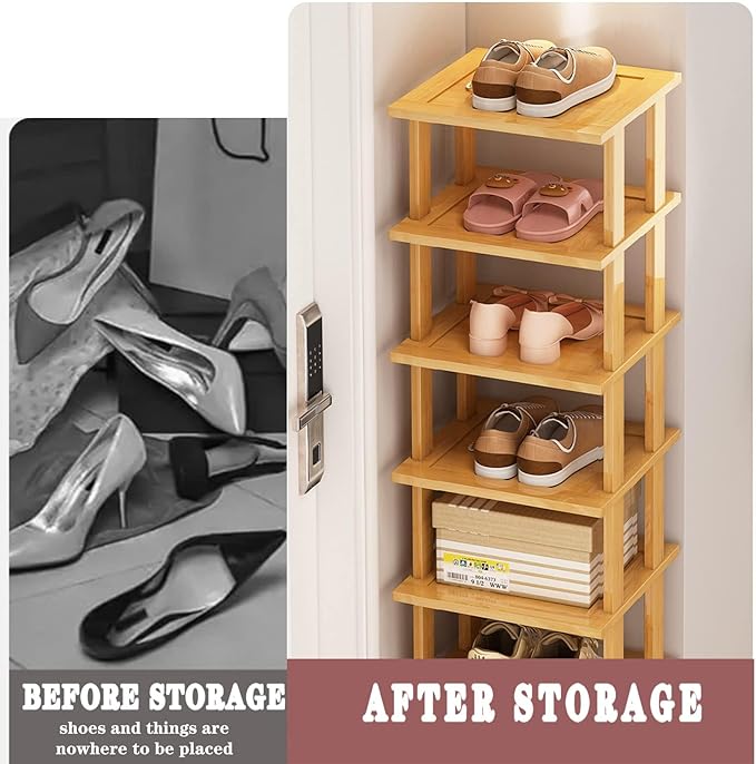Bamboo Shoe Rack 12 Tier- Vertical Shoe Rack for Small Spaces, Tall Narrow Shoe Rack Organizer for Closet Entryway Corner Garage and Bedroom,Skinny Shoe Shelf with Free Stackable DIY