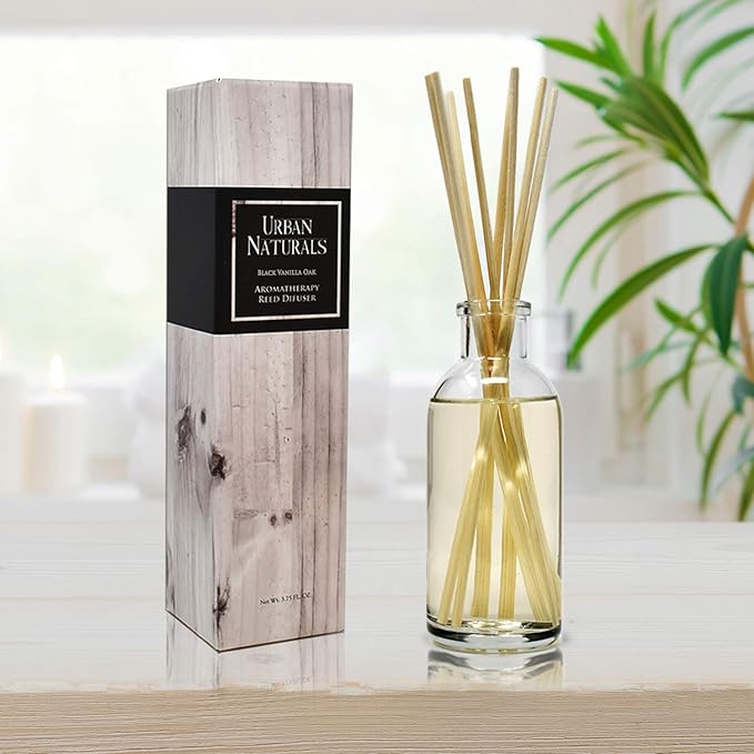 Urban Naturals Black Vanilla Oak Reed Diffuser Gift Set. with Warm Vanilla, Oak, Cedar, Patchouli and Musk Scent Notes. A Sensual, Aromatic Home Fragrance. Vegan. Made in The USA