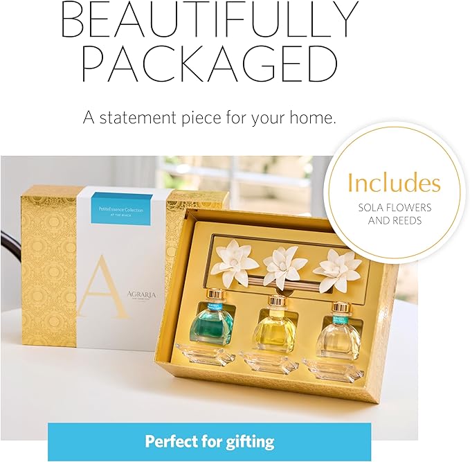 Agraria at The Beach PetiteEssence Collection, Handmade Sola Flower Reed Diffuser Set of 3, 1.7 oz Each, Scented Oil Diffuser Gift Set for Home