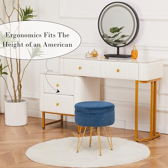 Cplxroc Footrest Footstools Round Faux Fur Ottoman with Storage Space Soft Vanity Chair Seat Coffee Table Ottoman Small Side Table Metal Legs with Adjustable Footings