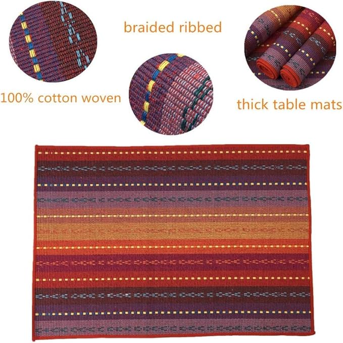 WAZAIGUR Hand Woven with 100% Cotton Placemats Colorful Placemats Braided Ribbed Durable Heat-Insulation Table Mats Set of 8,Rainbow