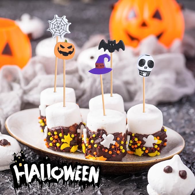 JtmyAota 100 Pack Halloween Toothpicks for Appetizers, 4.7 Inch Natural Bamboo Cocktail Picks for Cake Dessert Food Fruit Halloween Party Decorations