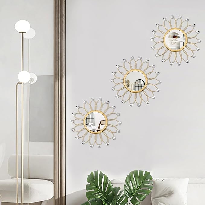 3 Pack Metal Mirrors for Wall Sunburst Wall Mirrors Home Décor Decorative Hanging Wall Art for Living Room Bedroom Entryway (Gold Crystal, Flowers)