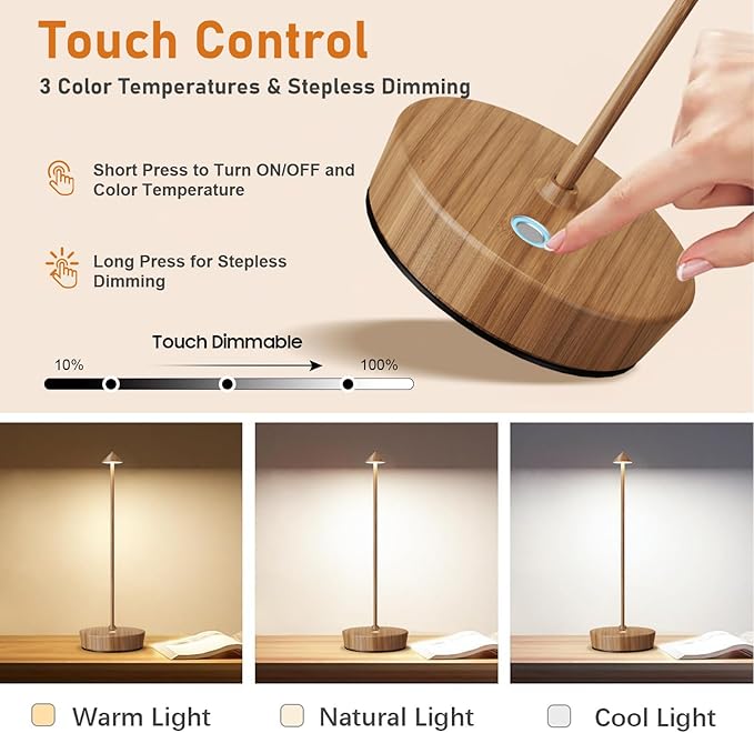 Set of 2 Rechargeable Cordless Table Lamp,6000mAh LED Battery Operated Desk Lamp Touch 3 Color Dimming Portable Outdoor Waterproof Table Light for Patio/Restaurant/Dining/Home (Light woodgrain)