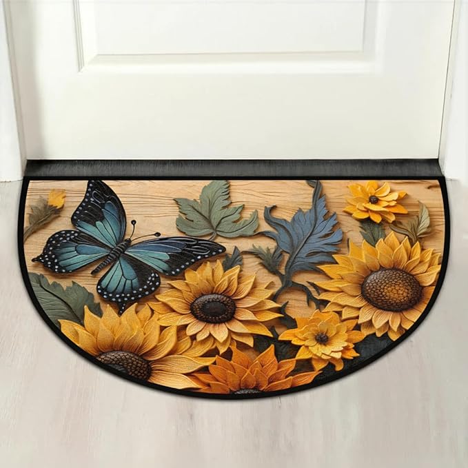 Half Round Door Mat Sunflower Butterfly Non Slip Bath Mats Absorbent Front Porch Rugs Shower Mat for Living Room Bedroom Kitchen Bathroom Floor Home Decor