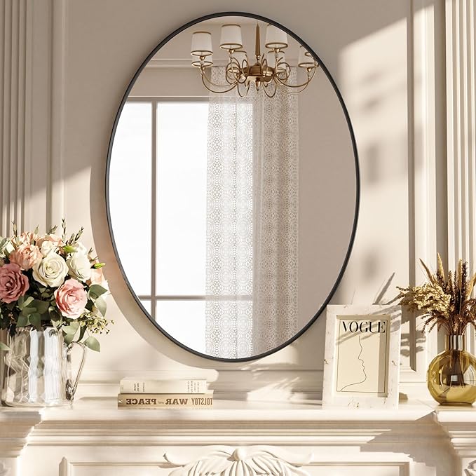 Black Oval Bathroom Mirror, 26 x 38 inch Modern Oval Wall Mounted Vanity Mirror with Tempered Glass Hanging Horizontally or Vertically, Black