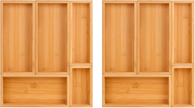 bamboo drawer organizer Set,expandable drawer dividers,wooden storage organizers,large trays for kitchen, bathroom,flatware,Tea Bag Organizer (2 X 5PCS Natural)