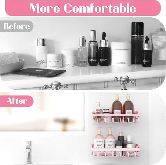 2 Pack Adhesive Shower Caddy, Rustproof Stainless Steel Shower Racks for Bathroom Organizers & Storage, Pink Wall Mounted Shower Shelves for Inside Shower Apartment Bathroom Essentials