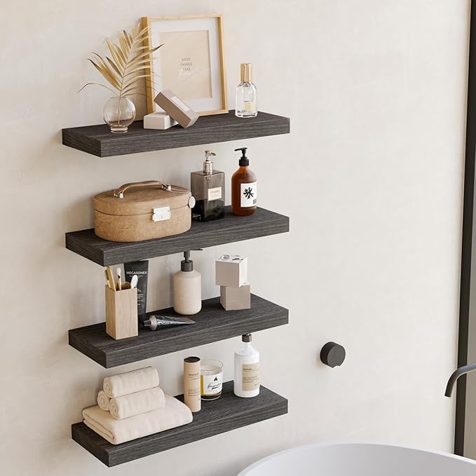 Fixwal 15.8in Floating Shelves, Rustic Wood Finish Wall Shelves Set of 4, Shelves for Wall Decor, with Invisible Brackets for Bathroom, Living Room,Bedroom and Kitchen(Gray)