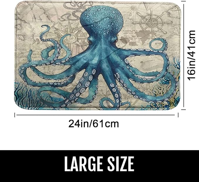 Britimes Blue Bath Mat for Bathroom, Sea Theme Octopus Washable Cover Floor Rug Carpets Floor Mat Bathroom Decorations 16x24 Inches for Kitchen Bedroom Indoor