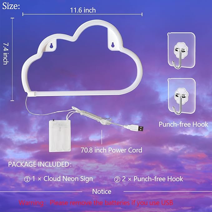 Cloud Neon Signs, LED Cloud Neon Light for Wall Decor, Battery or USB Powered Cloud Sign Shaped Decoration Wall Lights for Bedroom Aesthetic Teen Girl Kid Room Christmas Birthday Wedding Party (Warm Yellow)