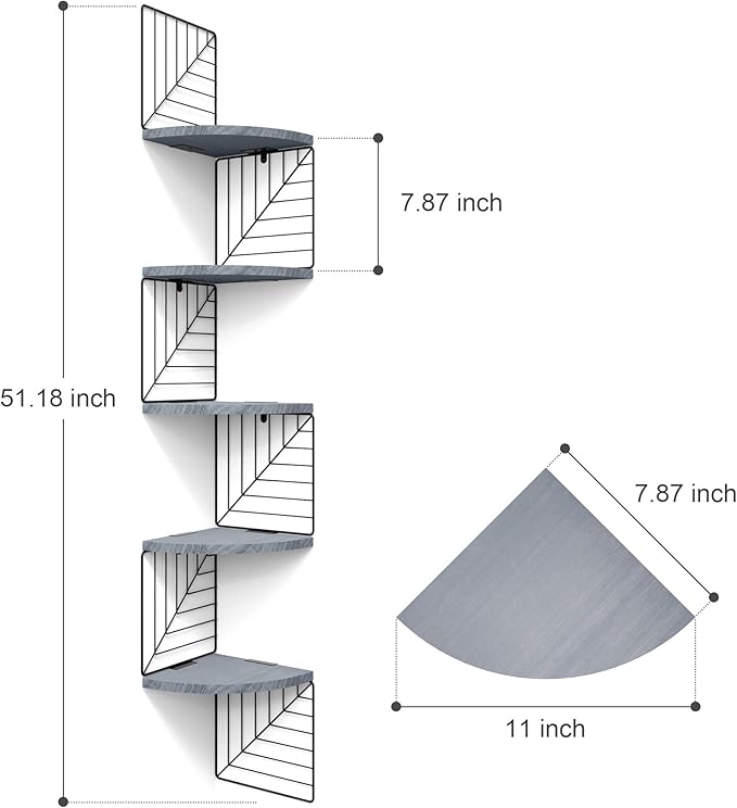 Love-KANKEI Corner Shelf Wall Mount of 5 Tier Rustic Wood Floating Shelves Wall Shelves for Bedroom Living Room Bathroom Kitchen Office and More Weathered Grey