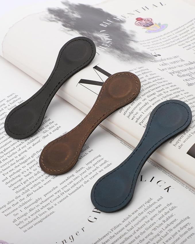 3 Pcs Magnetic Leather Bookmarks with Gift Box, Vintage Faux Leather Book Mark, Double-Sided Magnetic Bookmarks Supplies Gift for Men Women Read Book Lovers Father's Day Gift (Black + Blue + Coffee)