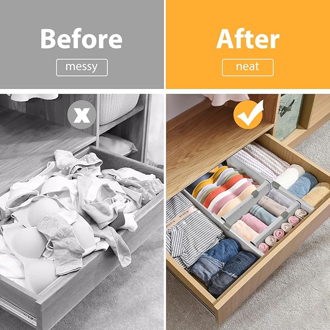 Drawer Dividers Organizer 5 Pack, Adjustable Separators 4" High Expandable from 11-17" for Bedroom, Bathroom, Closet,Clothing, Office, Kitchen Storage, Strong Secure Hold, Foam Ends, Locks in Place