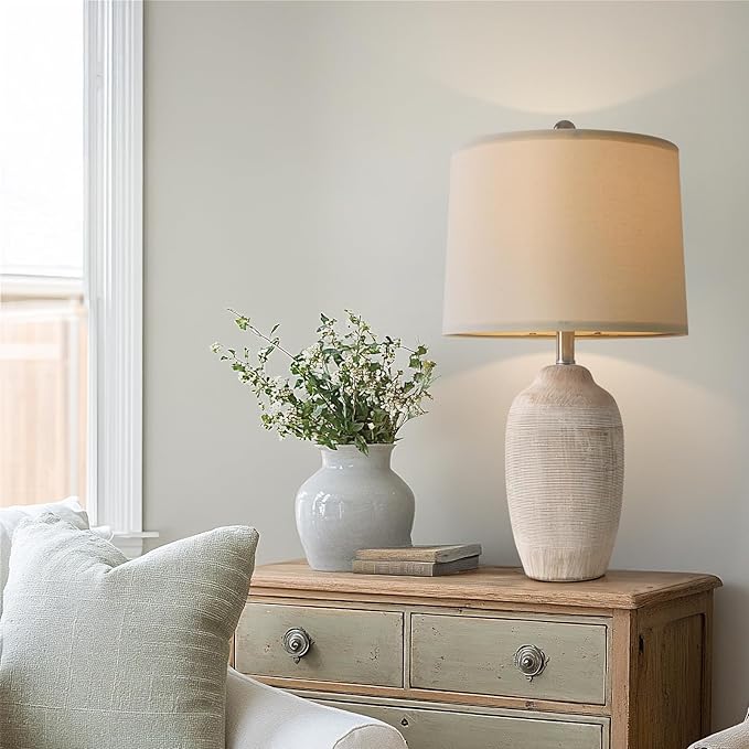 24.5" Vintage Ceramic Pot Table Lamp, Farmhouse Rustic Lamp for Living Room,Single Bedside Lamp for Bedroom, End Tables and Nightstand