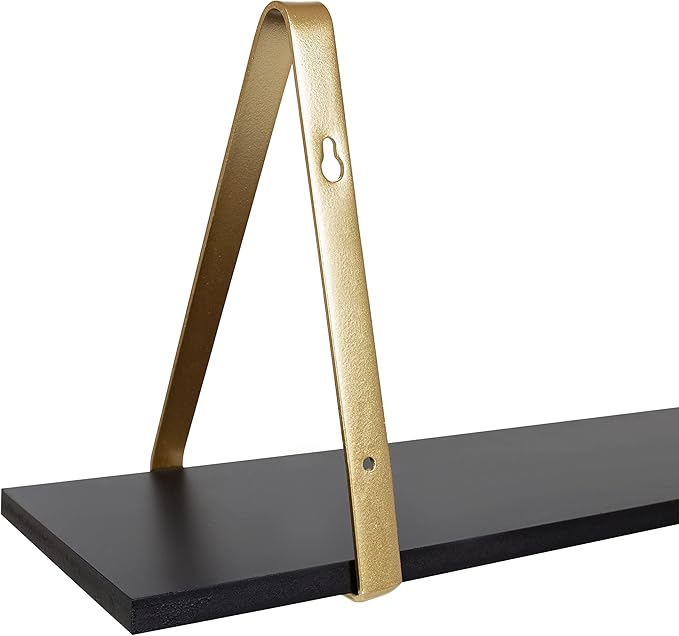 Kate and Laurel Soloman Black Wooden Shelves with Gold Metal Brackets, 2 Piece Set