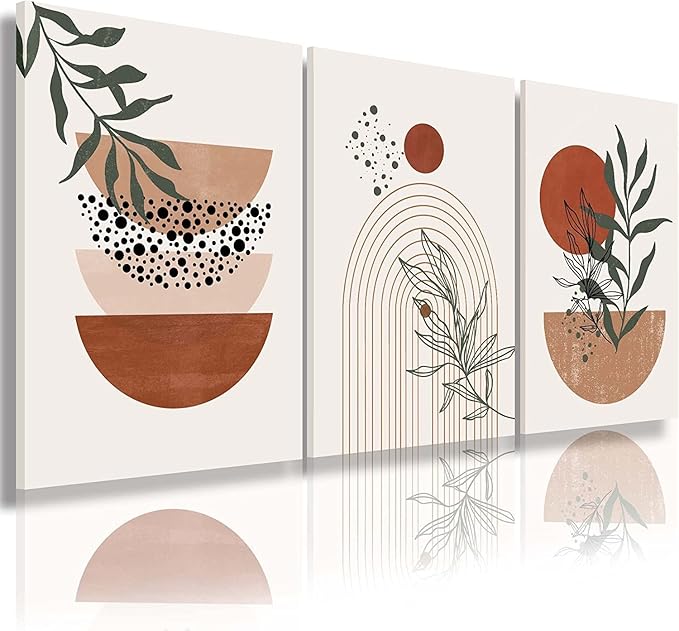 Boho Wall Art Prints,Boho Wall Decor, Mid Century Modern Wall Art,Set of 3 Prints, Abstract Geometric Prints Black Beige Terracotta Minimalist Art, Natural Framed Canvas Prints Artwork For Living Room