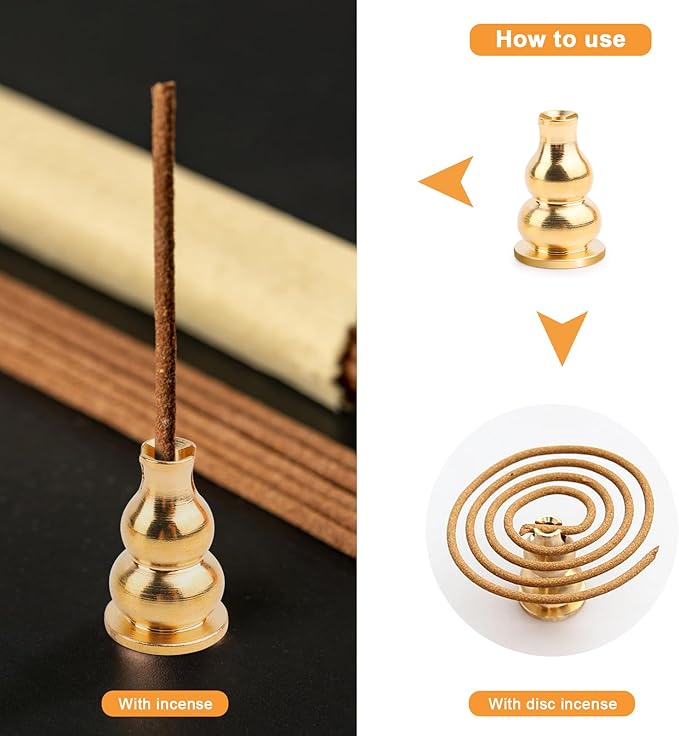 3 in 1 Incense Burner 5.5 Inch Brass Incense Holder for Sticks & Coil Incense Cones - Metal Gourd Shaped Ash Catcher for Meditation Yoga Room Home Decor Indoor Outdoor Use