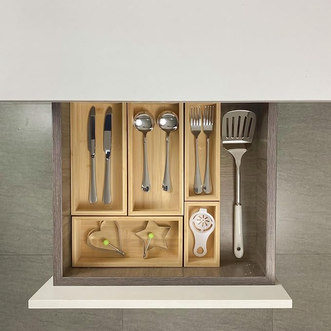 bamboo drawer organizer Set,expandable drawer dividers,wooden storage organizers,large trays for kitchen, bathroom,flatware,Tea Bag Organizer (1 X 5PCS Natural)