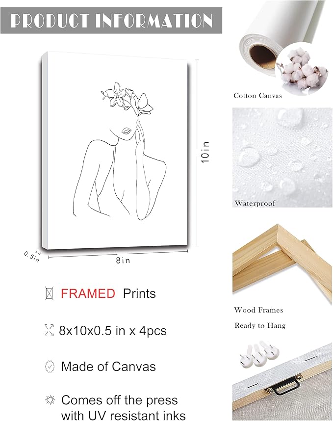 Minimalist Line Art Prints Wall Decor Abstract Flower Line Art Modern Black and White Artwork Women Office Bedroom Bathroom Decoration FRAMED 8"x10" 4 Piece Set