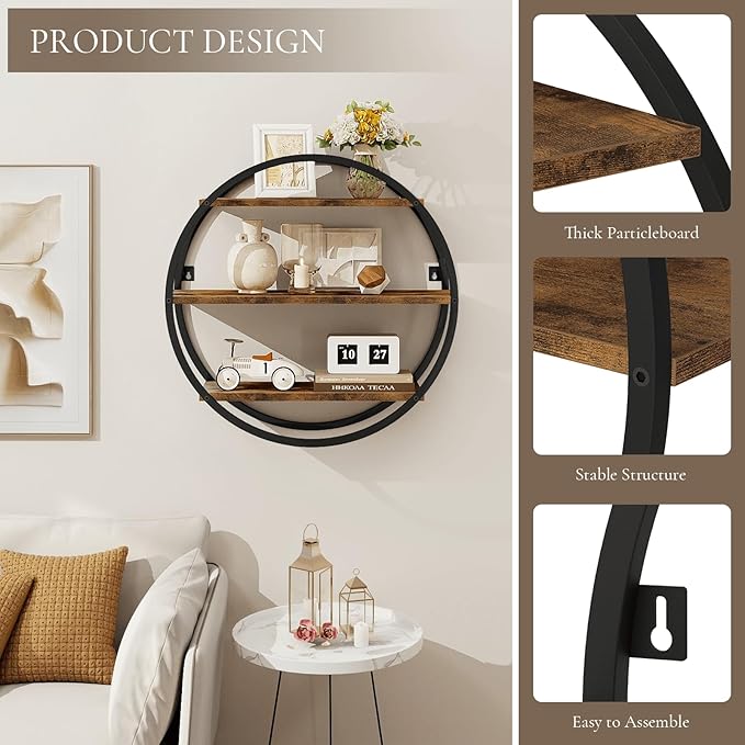 Floating Shelves, 3 Tier Decorative Geometric Circle Metal and Wood Wall Shelves, Bathroom Shelf Round Wall Decor, Rustic Brown