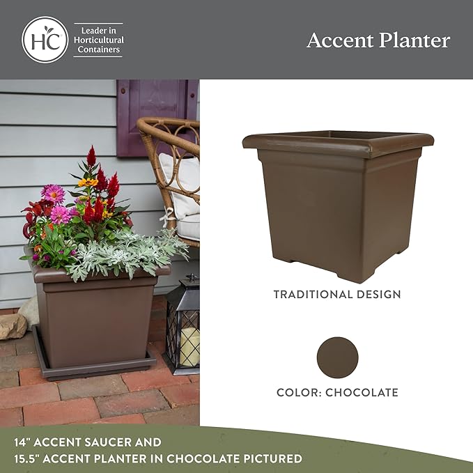 The HC Companies Accent Square Plant Pot w/Drainage - Classic Planters for Outdoor Plants & Indoor Plants - Lightweight & UV-Resistant Square Planter Box (15.5”, Chocolate, Pack of 2)