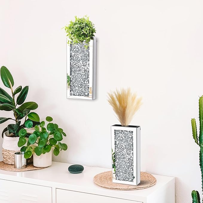 Crushed Diamond Mirrored Wall Vase Crystal Silver Mirror Flower Vase Stunning Decorative Glass Hanging Planter for Home Decor Living Room Dining Room Bedroom.Can't Hold Water(Set of 2)