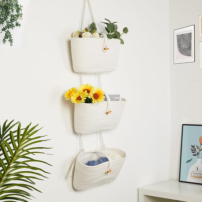 DULLEMELO Hanging Basket with Button Strap 3-Tier Woven Cotton Hanging Wall Baskets for Storage, Boho Wall Decor Hanging Storage Basket with Button Strap, White
