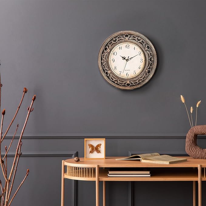 Silent Wall Clock, 13 Inch Vintage Large Wall Clocks, Battery Operated Round Bathroom Clock, Non-Ticking Decorative Retro Analog Clocks for Living Room, Office, Kitchen, School, Bedroom