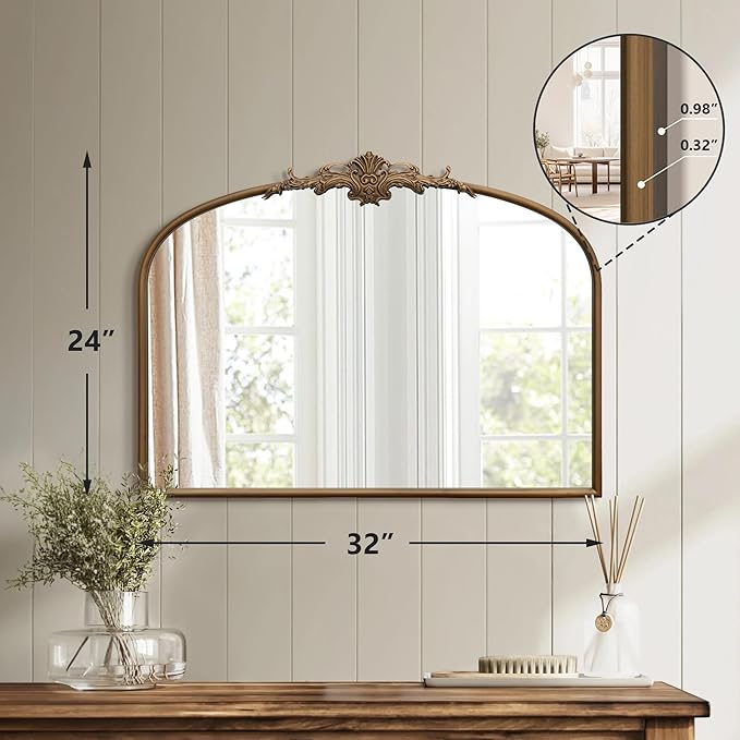 Vintage Baroque Gold Mirror: 32"x24" Arched Antique Wall Mounted Mirror - Traditional Ornate Metal Frame - Home Decor for Entryway/Fireplace/Living Room/Hallway/Bathroom