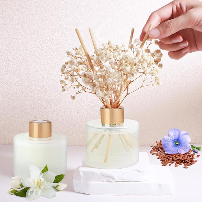 Scent Diffuser Set, 5.28oz (150ml) White Jasmine & 5.28oz (150ml) Linen Scent Diffuser with 16 Sticks Long Lasting Fragrance for Home, Bathroom, Room Decor