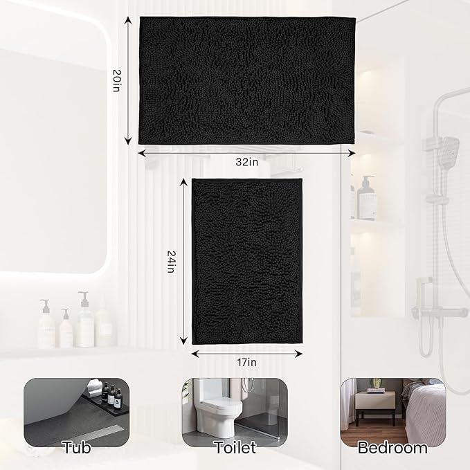 Bathroom Rugs 2 Pieces Chenille Bath Rug Mat, Extra Thick and Soft Absorbent Bath Rugs, Machine Washable, Non-Slip Plush Bath Mats for Tub, Shower, and Bath Room (Black, 32"x20"+24"x16")