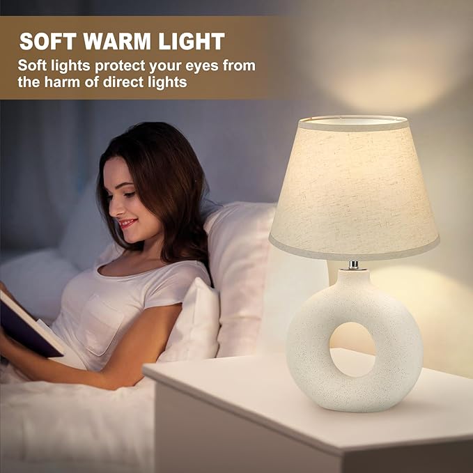 Boho Table Lamp for Living Room Bedroom, 21" Modern Ceramic Bedside Lamps 3 Color Temperature Farmhouse Rustic White Table Lights for Night Stands, Dorm, Office, Home Décor (Bulb Included)
