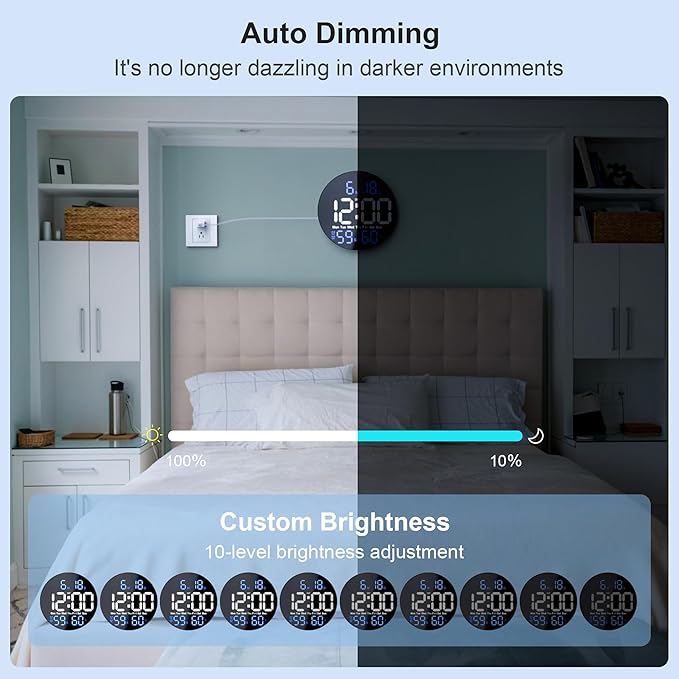 Digital Wall Clock, 10 in Wall Clock with Large LED Display Seconds Display One Button DST Muteable Button Auto Brightness, Large Digital Wall Clock for Living Room, Classroom, Bedroom, Office