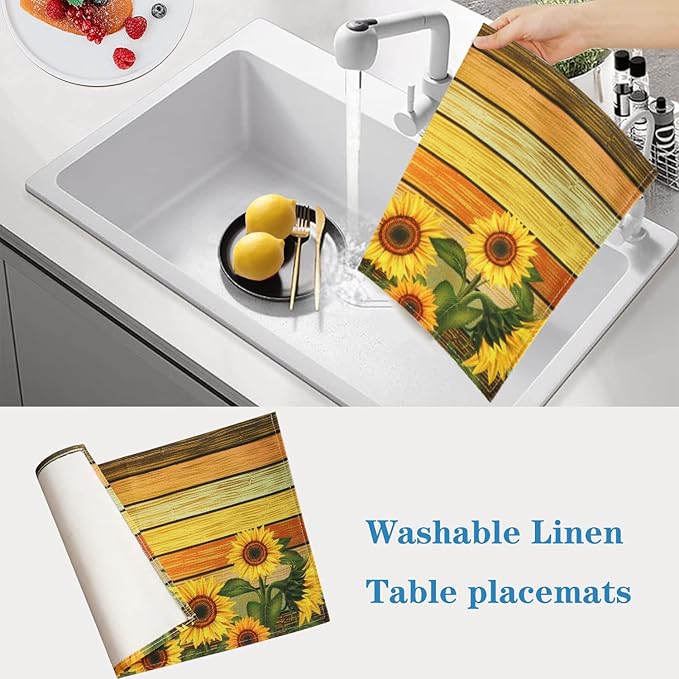 Sunflower Table Placemats Set of 4 - Heat Resistant Washable Wipeable Linen Fabric Rectangle Place Mats Table Mats for Kitchen Dining Dinner- 18 X 12 Inch, Yellow