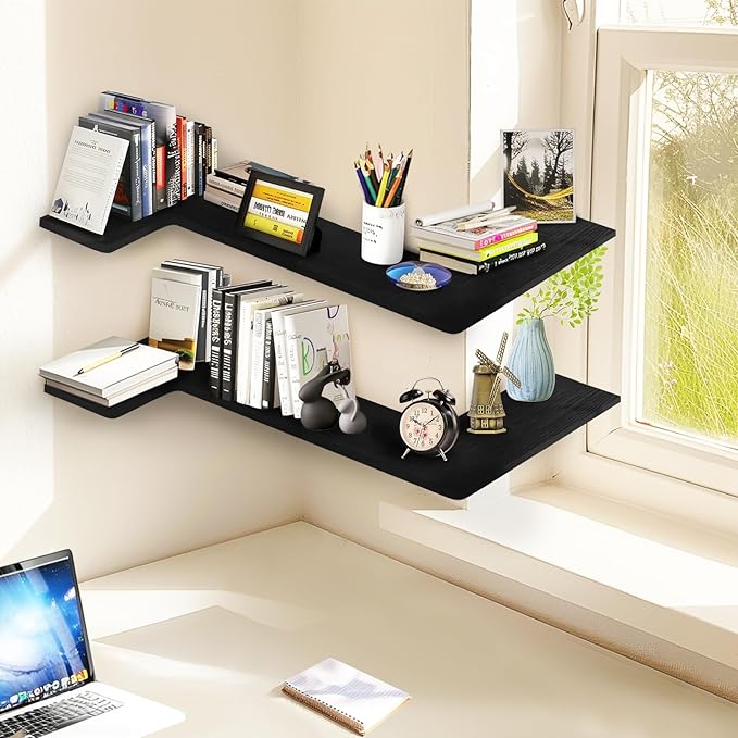 Muzilife Corner Floating Shelves Wooden Floating Shelve Set of 4, Wall Mounted for Storage, L-Shaped Shelves for Wall Decor Wall Organizer for Bedroom, Bathroom, Kitchen, Living Room and Office, Black