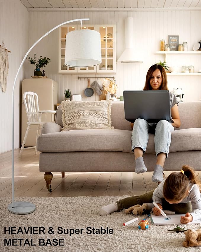 Lightdot Arc Floor Lamps for Living Room, Modern Standing Lamp with Hanging Drum Shade, Tall Standing Floor Lamp with Foot Switch, Over Couch Arched Reading Light for Bedroom, Office (White)
