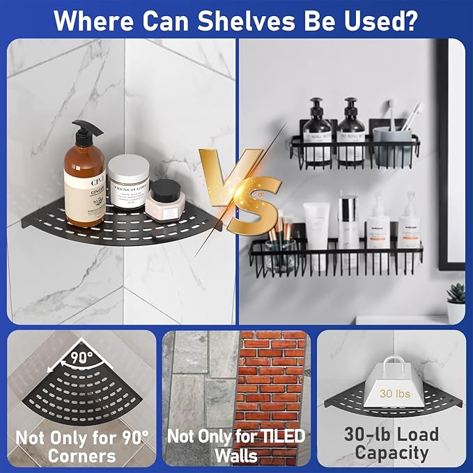 Corner Shower Shelves 304 Stainless Steel Matte Black 8in Corner Shower Shelf Drilling Installation Strong Load-Bearing Capacity