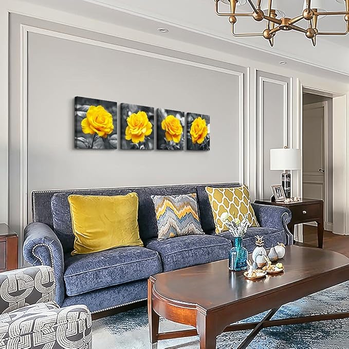 Canvas Wall Art For Living Room Family Wall Decor For Bedroom Modern Kitchen Wall Decorations Black And White Wall Pictures Artwork Yellow Rose Flowers Canvas Art Prints Large Size Home Decor 4 Piece