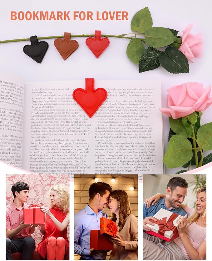 3Pcs Heart-Shaped Magnetic Leather Bookmarks - Romantic Heart Bookmarks, Faux Leather Book Mark with Double-Sided Magnets, Love Gifts for Women, Students, Reading Lovers (Red+Black+Brown)