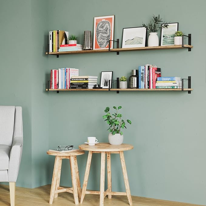 Wallniture 2pc 60x6inch Rustic Floating Shelves, Paulownia Wood, Burnt, for Living Room, Bedroom, Kitchen, Home Office, Book Shelf, 20kg Capacity